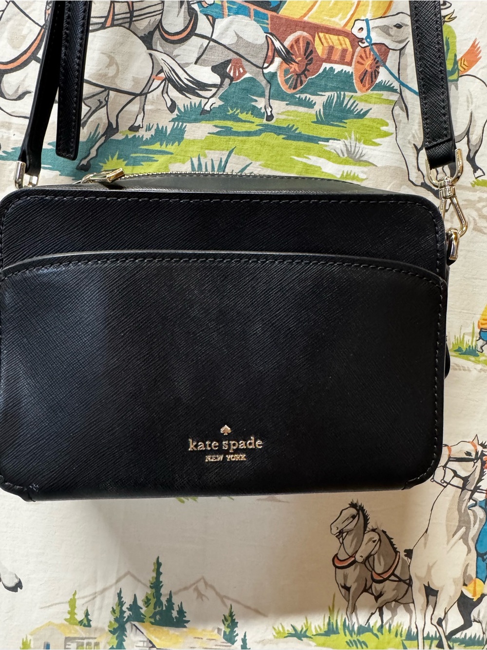 kate spade black leather crossbody with gold logo